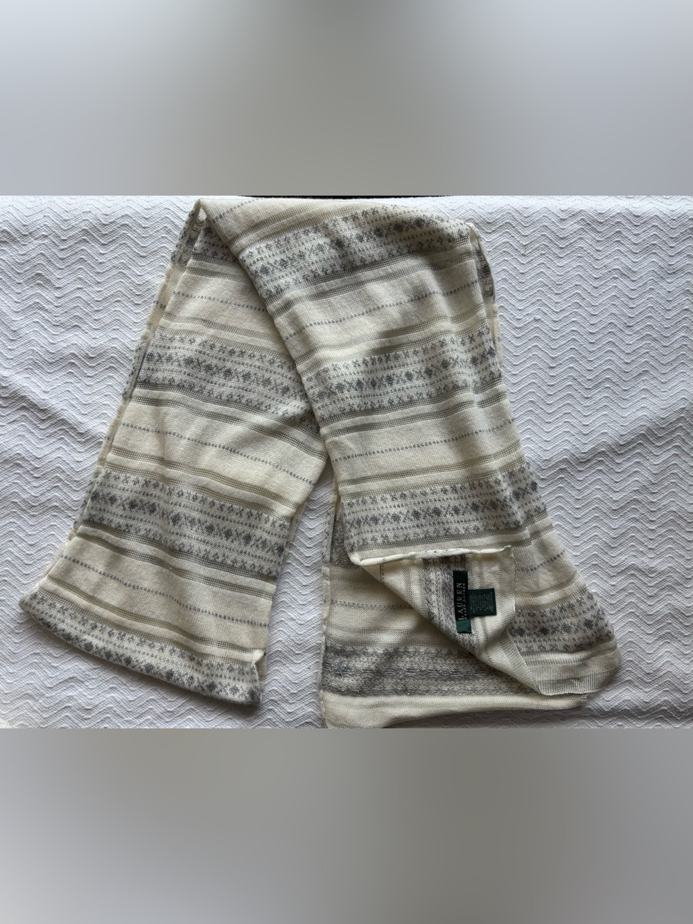 Lauren Ralph Lauren Cream, Silver & Gray Patterned Scarf Viscose, Wool, Cashmere